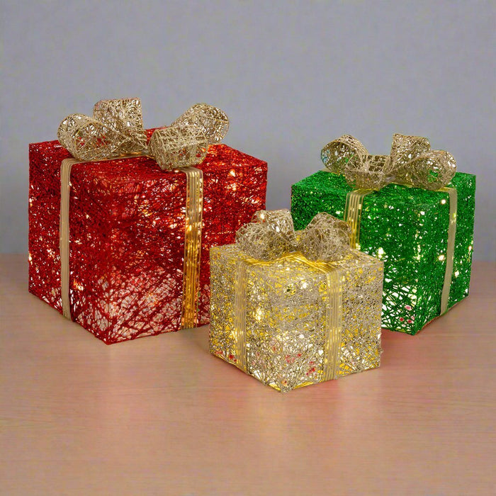 LED Jumbo Presents 3 - Piece Glitter/Gold Bow Twinkle - Christmas Factory