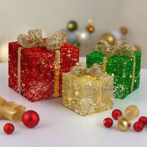 LED Jumbo Presents 3 - Piece Glitter/Gold Bow Twinkle - Christmas Factory