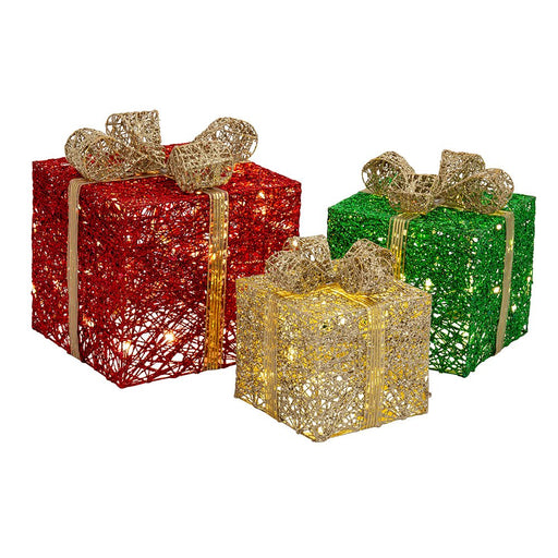 LED Jumbo Presents 3 - Piece Glitter/Gold Bow Twinkle - Christmas Factory