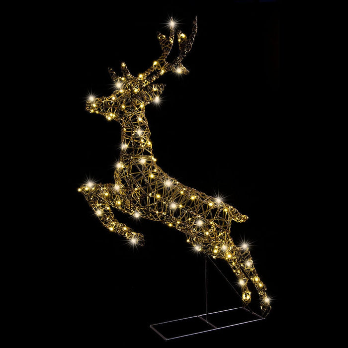 LED Twinkling PVC Rattan Leaping Reindeer – 240 Vintage Gold LEDs, 150cm - Christmas Factory