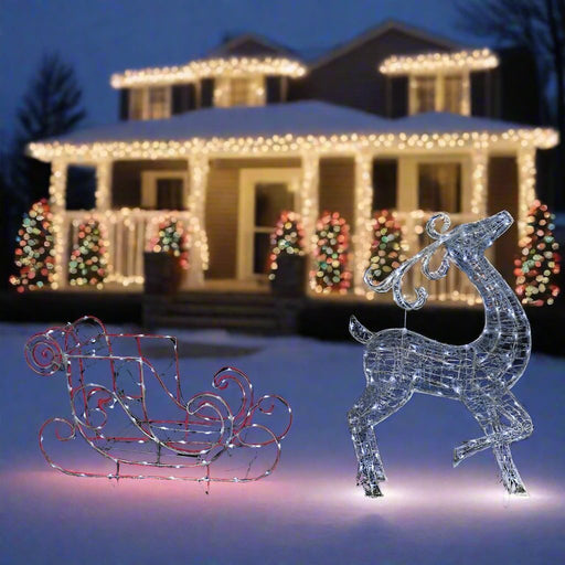 Solar LED Acrylic Sleigh with Reindeer White - Christmas Factory